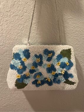 White Beaded with Blue Floral Appliqué Chain Shoulder Strap